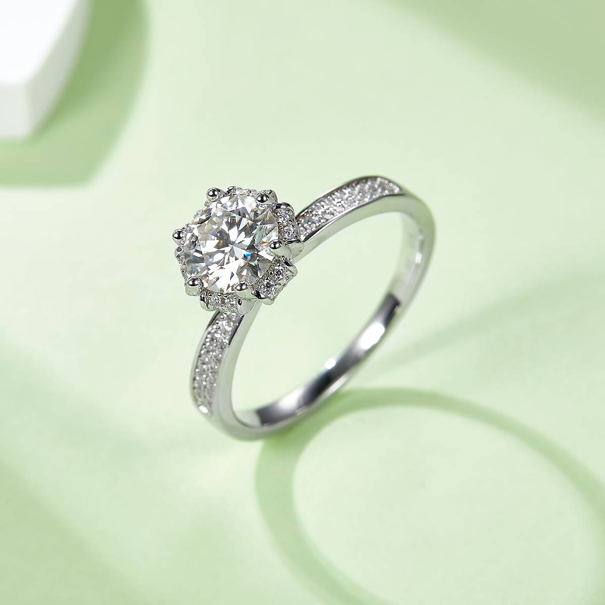 Straight arm wishing pool S925 silver plated platinum Moissanite women's ring 1 carat D-grade